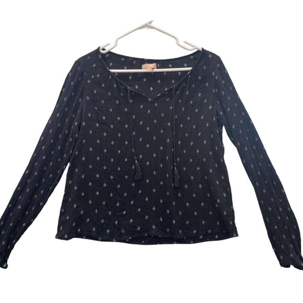 Cape Juby Long Sleeve Blouse Boho Peasant Black Diamond Tie Neck Size L